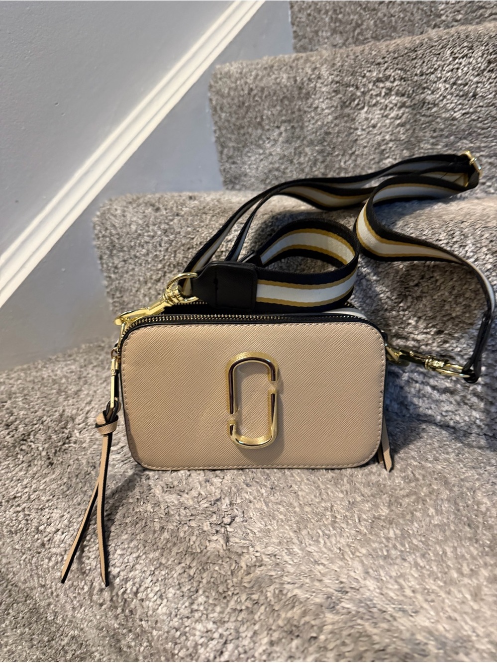 Marc Jacobs The Snapshot Camera Bag in green, white, and tan leather